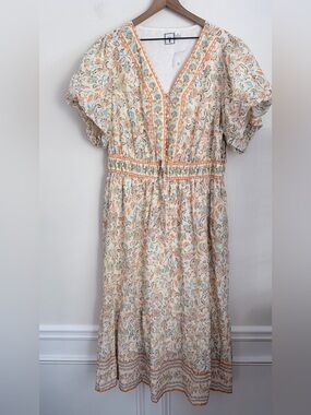 LEA Floral Puff Sleeve Midi Dress Cream Orange Pockets